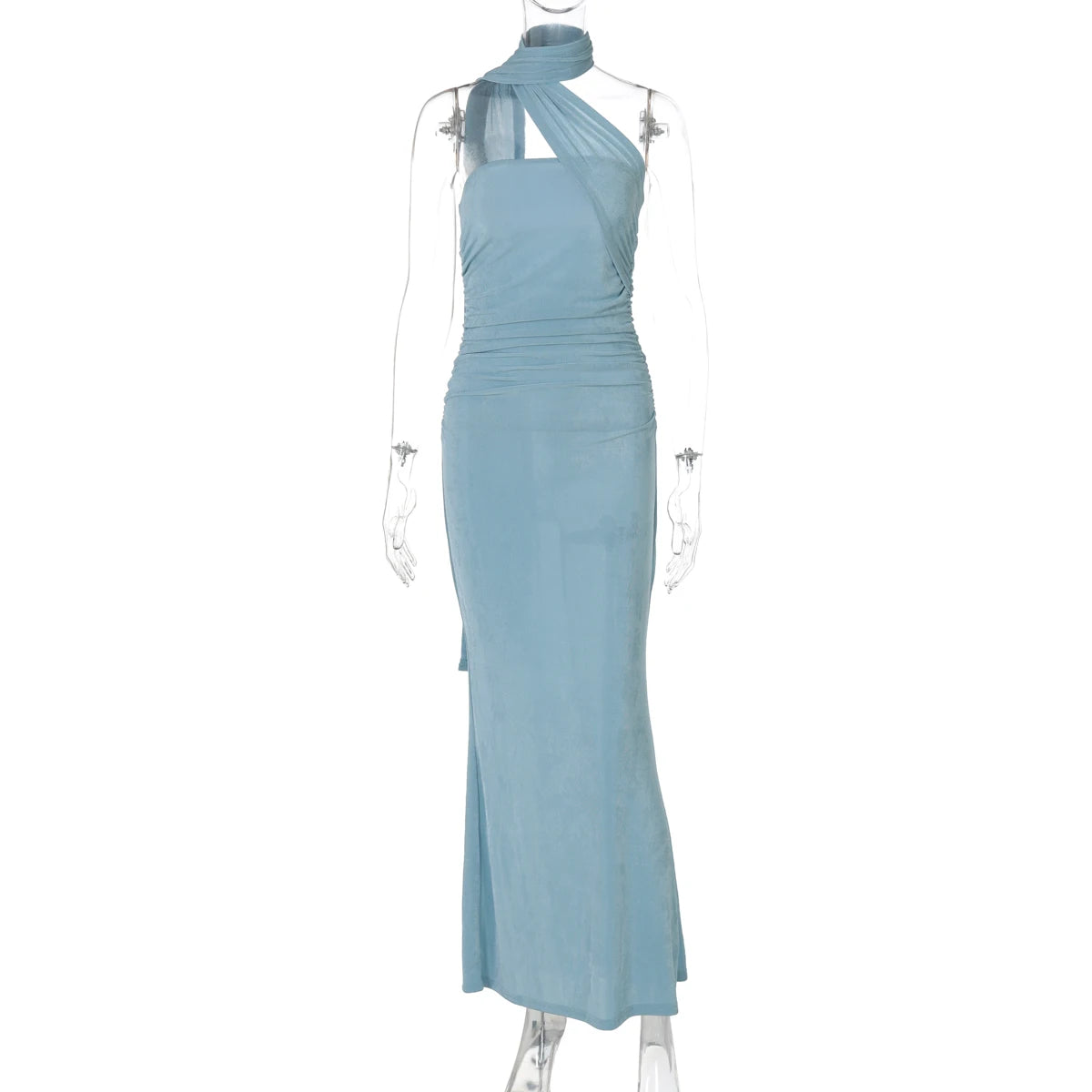 Hugcitar Halter Solid Sleeveless Backless Ruched Sexy Bodycon Maxi Prom Dress Summer Women Elegant Outfit Evening Party Birthday